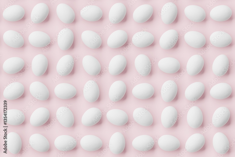 Many white eggs on pink background. Top flat view, horizontal. 3d render, illustration