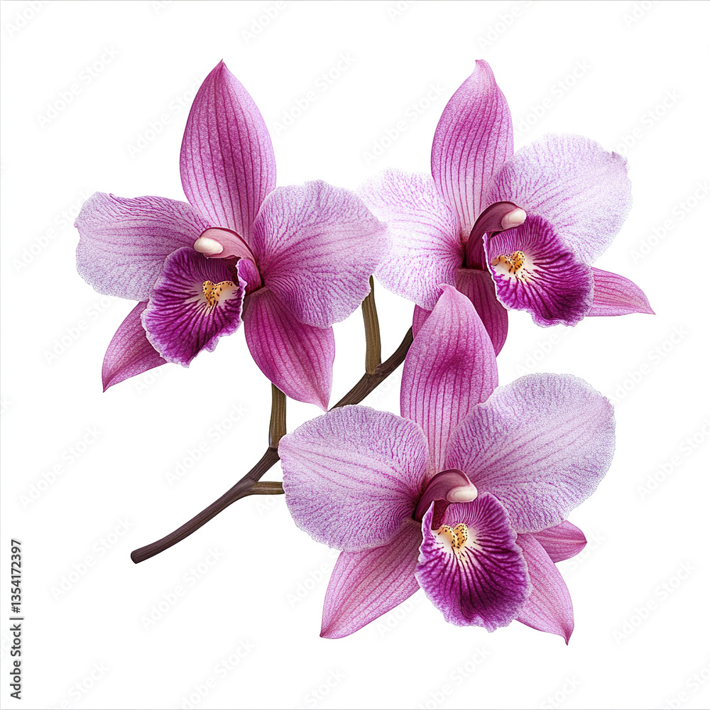 Obraz premium Pink orchids on white background, showcasing delicate petals