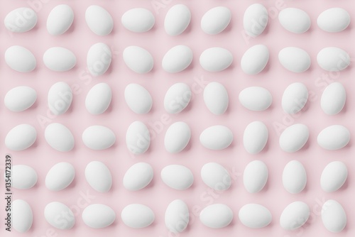Obraz na płótnie Many white eggs on pink background. Top flat view, horizontal. 3d render, illustration w salonie