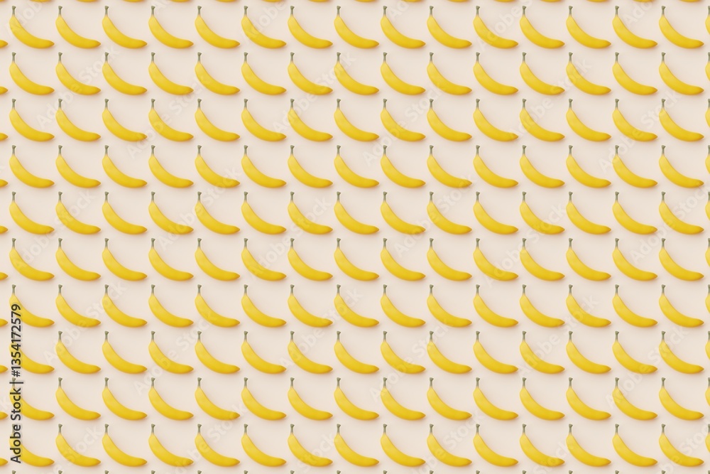 Many bananas on peach puff background. Top flat view, horizontal. 3d render, illustration