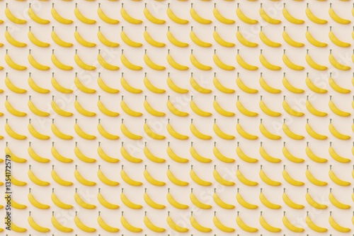 Obraz na płótnie Many bananas on peach puff background. Top flat view, horizontal. 3d render, illustration w salonie