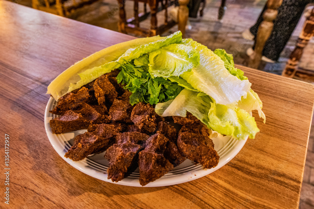 Cig kofte (raw minced meat), speciality of Sanliurfa, Turkey