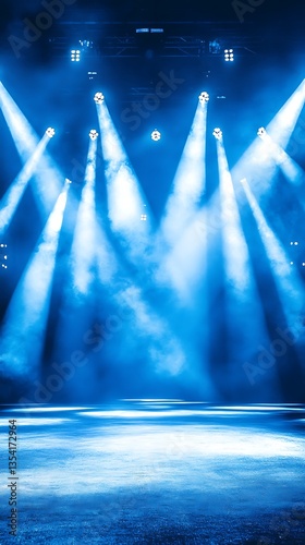 Bright spotlights illuminate a misty stage in a vibrant blue atmosphere
