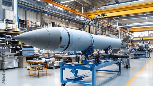 A large gray missile sits in a large industrial manufacturing plant