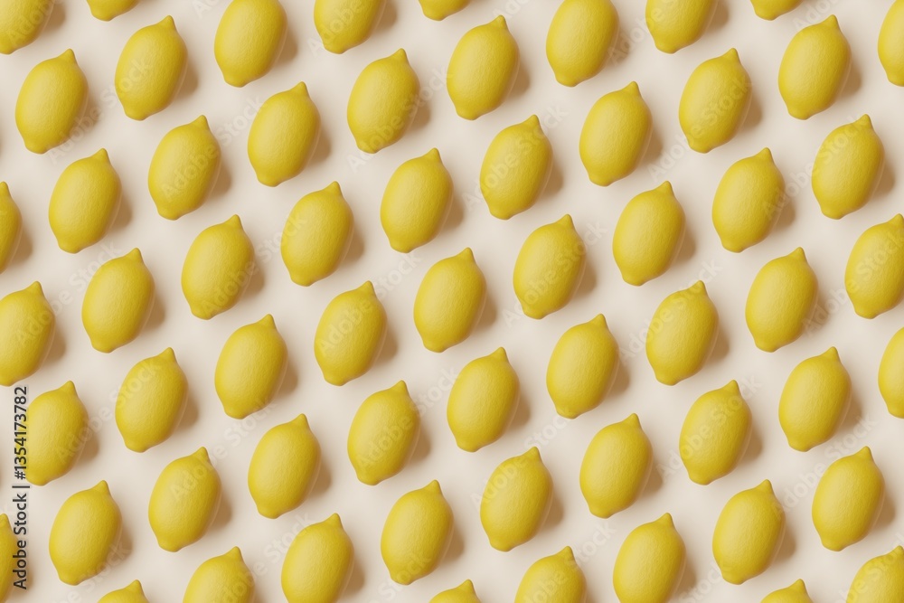Many lemons on bisque background. Top flat view, symmetrical grid. 3d render, illustration