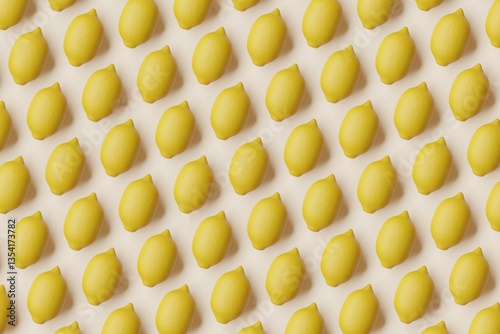 Obraz na płótnie Many lemons on bisque background. Top flat view, symmetrical grid. 3d render, illustration w salonie