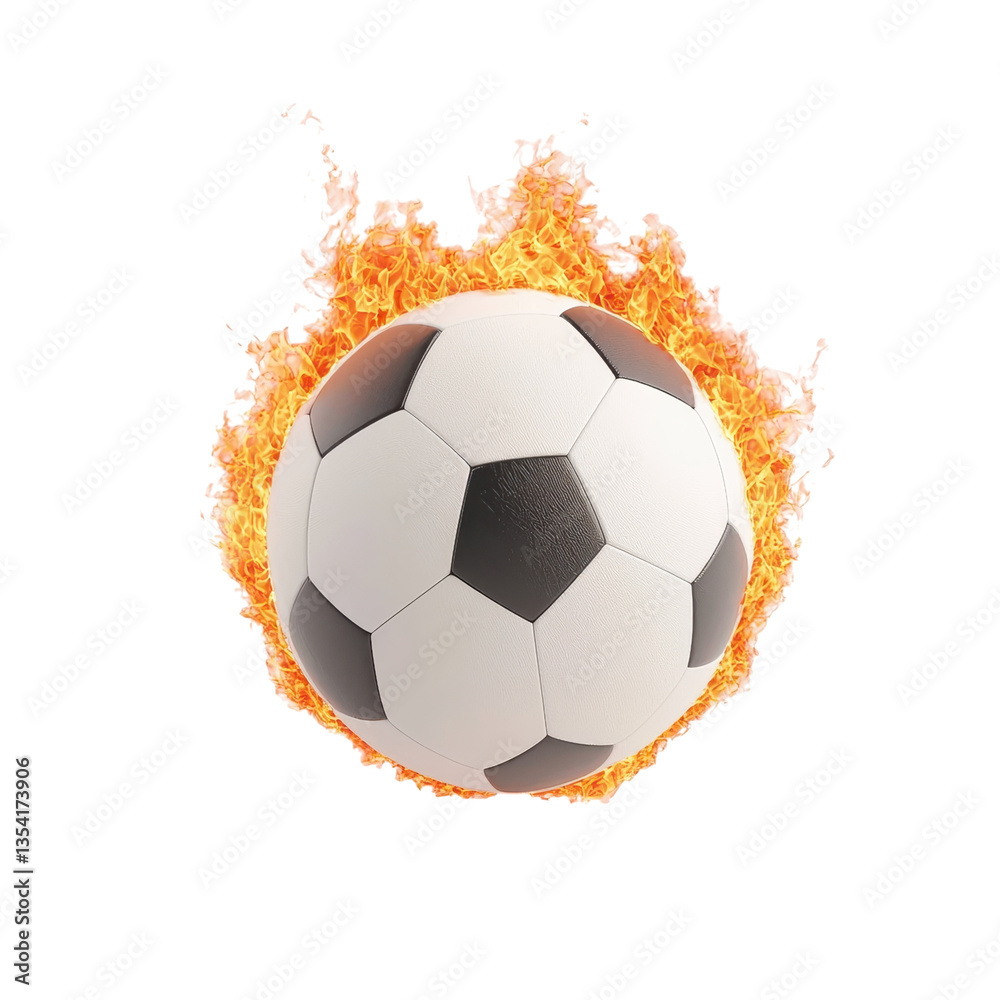 Naklejka premium Soccer ball engulfed in flames on a transparent background. Concept for sports, competition, and power.