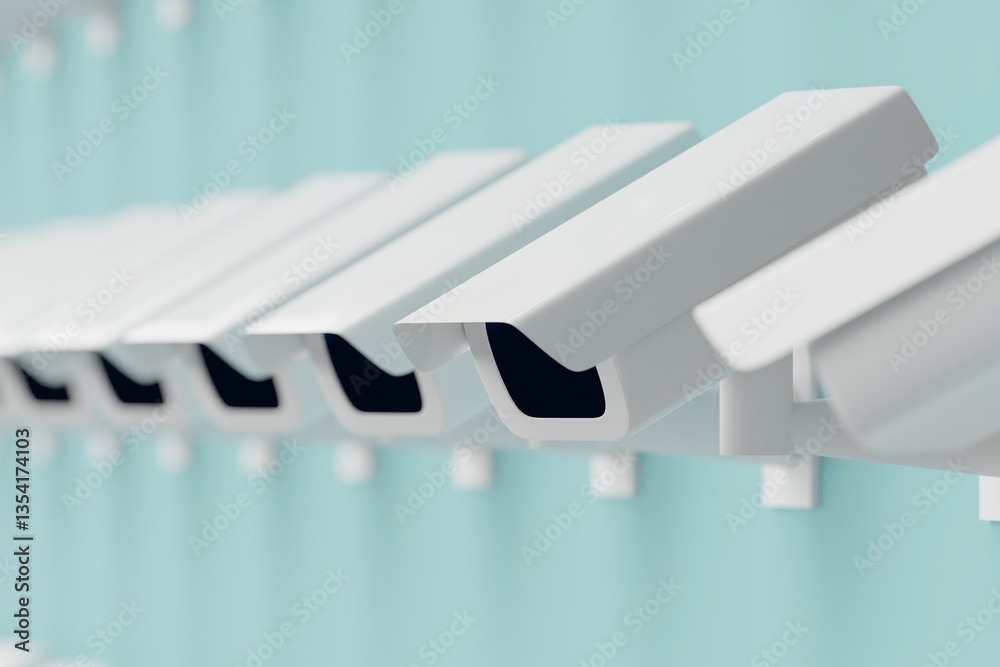 Many cctv on cadet blue background. cameras looking left at the same direction. 3d render, illustration