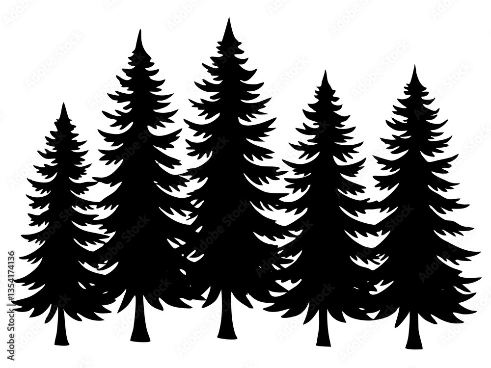 Obraz premium : Diverse Pine Tree Silhouette Set Collection - Detailed Vector Illustration of Evergreen Conifer Trees for Nature Designs, Forest Themes, and Botanical Artwork