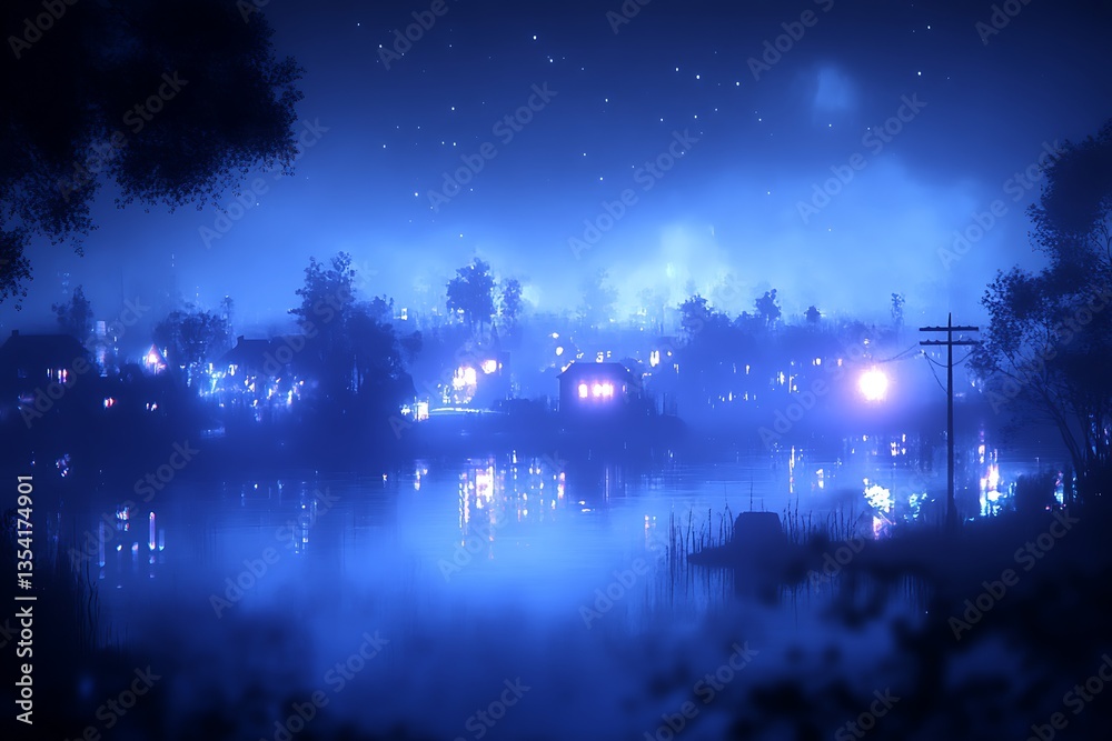 Obraz premium A mystical town reflecting on the water under a starry sky