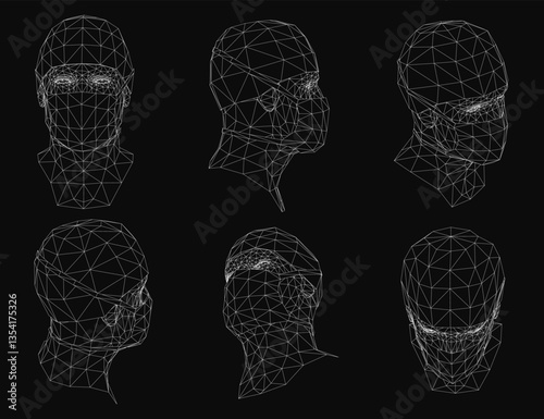 A series of six faces are shown in a black background. The faces are all different, but they all have a similar look to them. The faces are made up of lines and dots