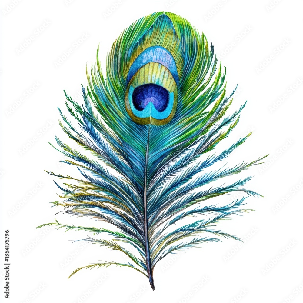 Fototapeta premium Close-up view of a stunning peacock feather displaying rich colors and intricate patterns in watercolor art style