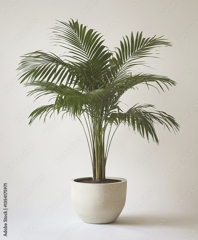 Potted palm tree on white background, showcasing lush green leaves Potted palm tree on white background, showcasing lush green leaves