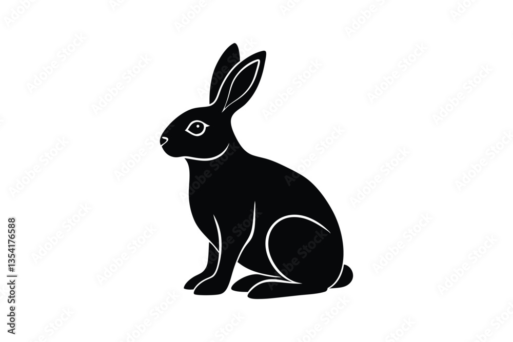 Obraz premium A black and white silhouette vector art of a rabbit sitting with its ears slightly tilted.eps