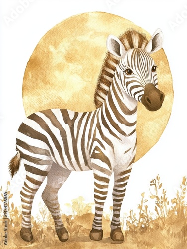 Elegant watercolor zebra standing gracefully in a golden sunset field with a breathtaking natural backdrop