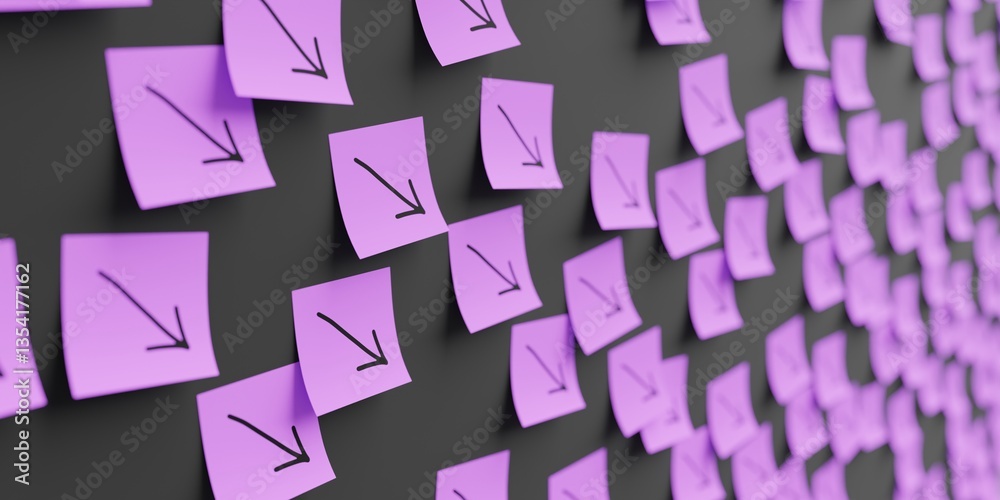Many violet stickers on black board background with decrease symbol drawn on them. Closeup view with narrow depth of field and selective focus. 3d render, Illustration Many violet stickers on black board background with decrease symbol drawn on them. Closeup view with narrow depth of field and selective focus. 3d render, Illustration