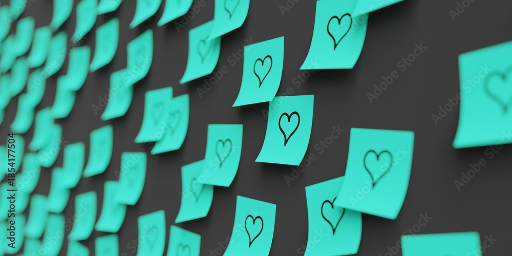 Many teal stickers on black board background with heart symbol drawn on them. Closeup view with narrow depth of field and selective focus. 3d render, Illustration