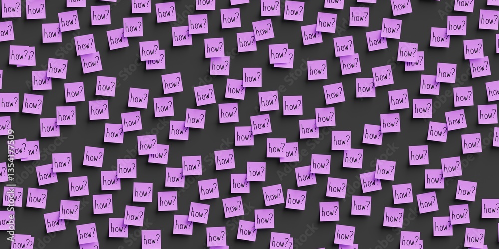 Many violet stickers on black board background with question how symbol drawn on them. Flat layout. 3d render, Illustration