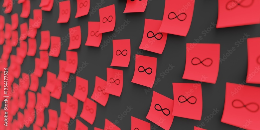Many red stickers on black board background with infinity symbol drawn on them. Closeup view with narrow depth of field and selective focus. 3d render, Illustration