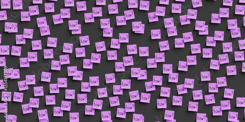 Obraz na płótnie Many violet stickers on black board background with question how symbol drawn on them. Flat layout. 3d render, Illustration w salonie