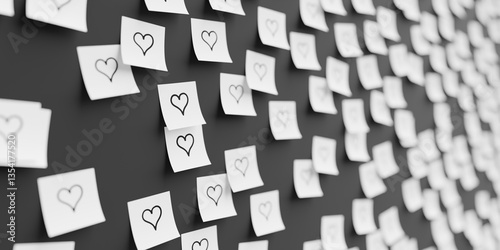 Obraz na płótnie Many white stickers on black board background with heart symbol drawn on them. Closeup view with narrow depth of field and selective focus. 3d render, Illustration w salonie