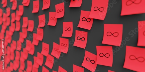 Obraz na płótnie Many red stickers on black board background with infinity symbol drawn on them. Closeup view with narrow depth of field and selective focus. 3d render, Illustration w salonie