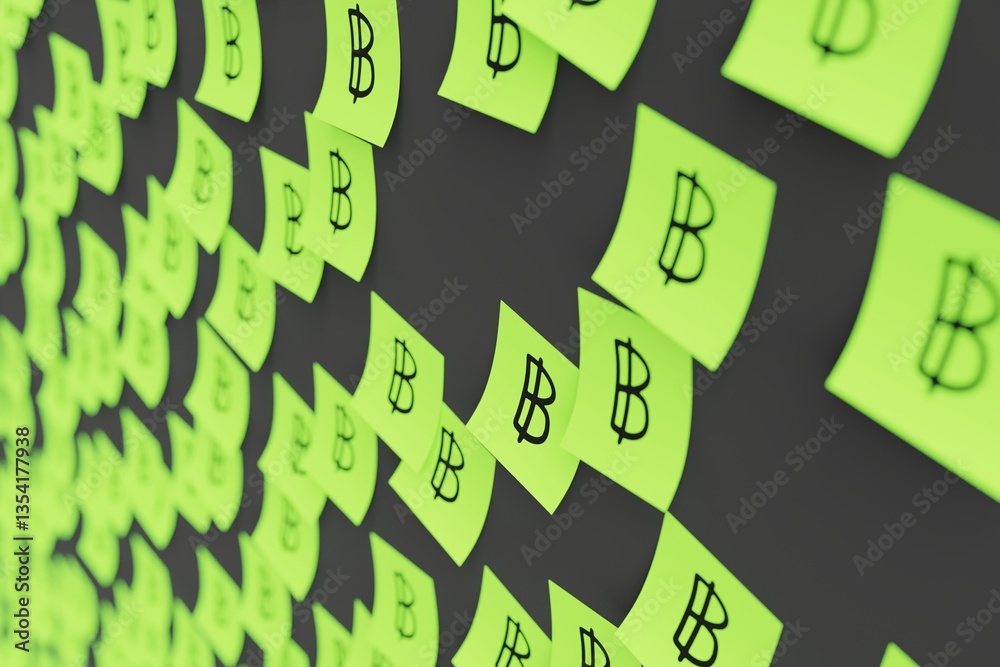 Many green stickers on black board background with symbol of Thailand baht drawn on them. Closeup view with narrow depth of field and selective focus. 3d render, illustration