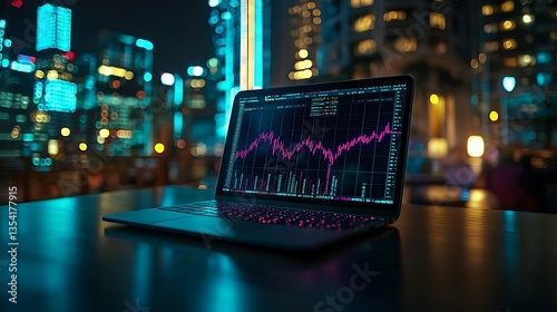Stock Market Graph on Laptop at Night