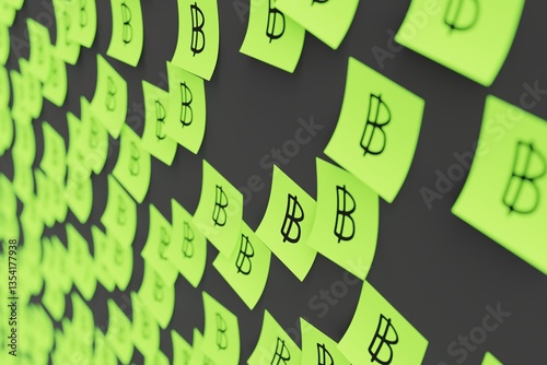 Obraz na płótnie Many green stickers on black board background with symbol of Thailand baht drawn on them. Closeup view with narrow depth of field and selective focus. 3d render, illustration w salonie