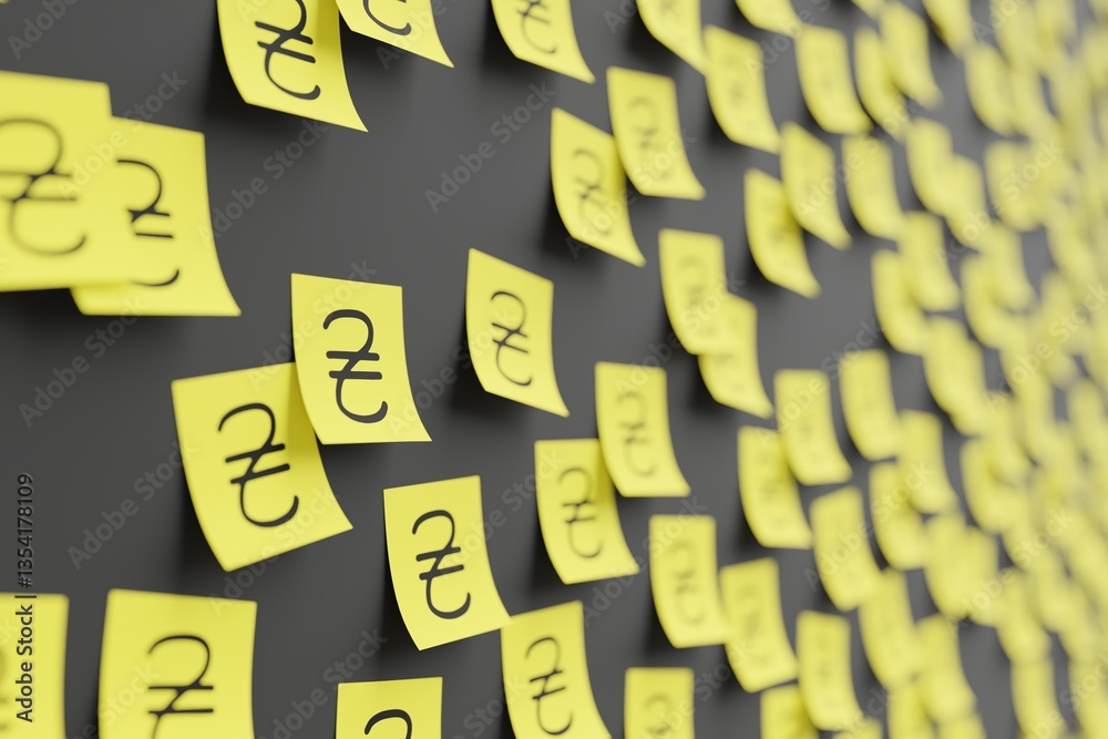 Many yellow stickers on black board background with symbol of Ukraine hryvnia drawn on them. Closeup view with narrow depth of field and selective focus. 3d render, illustration