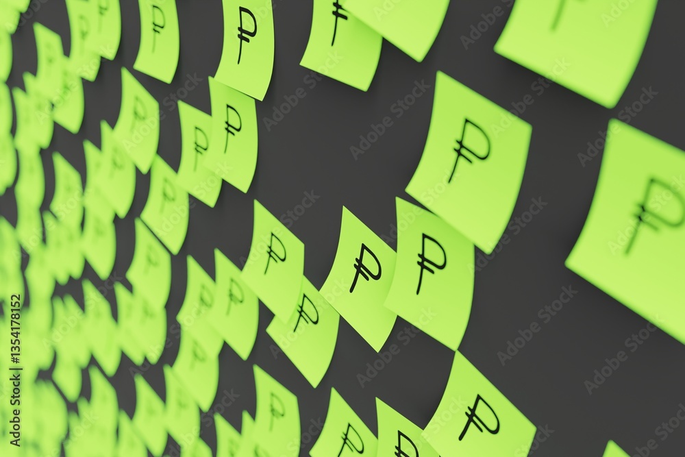 Many green stickers on black board background with symbol of Russia ruble drawn on them. Closeup view with narrow depth of field and selective focus. 3d render, illustration