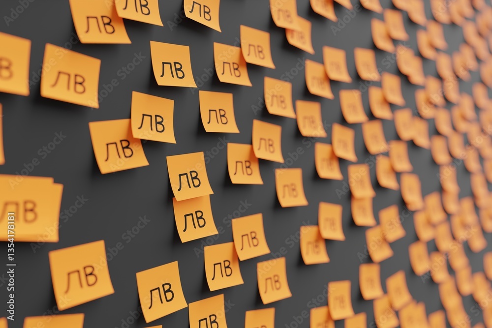 Many orange stickers on black board background with symbol of Uzbekistan som drawn on them. Closeup view with narrow depth of field and selective focus. 3d render, illustration