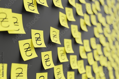 Many yellow stickers on black board background with symbol of Ukraine hryvnia drawn on them. Closeup view with narrow depth of field and selective focus. 3d render, illustration