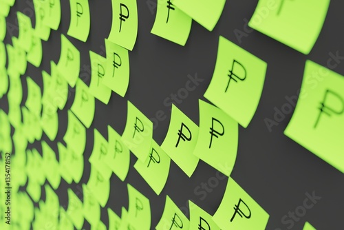Obraz na płótnie Many green stickers on black board background with symbol of Russia ruble drawn on them. Closeup view with narrow depth of field and selective focus. 3d render, illustration w salonie