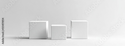 Three minimalist white boxes arranged on a pure white background for clean design and creative presentation ideas