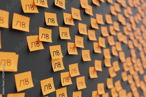 Obraz na płótnie Many orange stickers on black board background with symbol of Uzbekistan som drawn on them. Closeup view with narrow depth of field and selective focus. 3d render, illustration w salonie