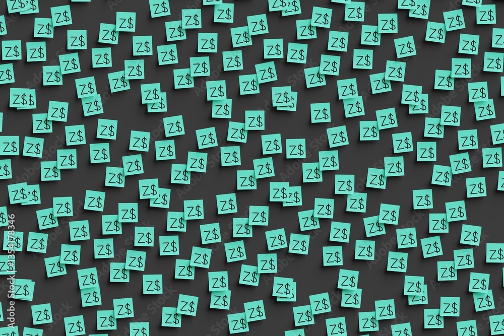 Many teal stickers on black board background with symbol of Zimbabwe dollar drawn on them. Flat view. 3d render, illustration