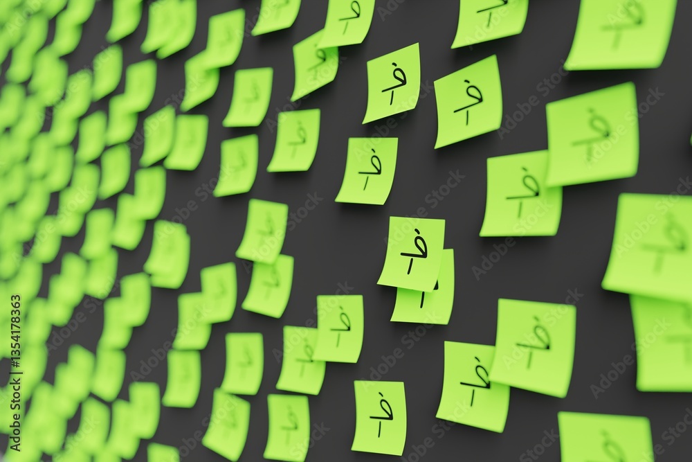 Many green stickers on black board background with symbol of Afghanistan afghani drawn on them. Closeup view with narrow depth of field and selective focus. 3d render, illustration
