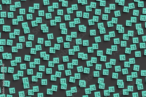 Obraz na płótnie Many teal stickers on black board background with symbol of Zimbabwe dollar drawn on them. Flat view. 3d render, illustration w salonie