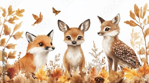 Watercolor beige autumn forest pattern with deer, fox, and owl on a white background, seamless wallpaper, high detail. 