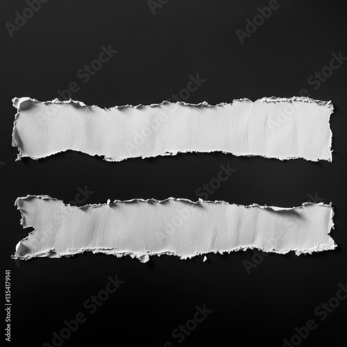 Two pieces of horizontally torn white textured paper isolated on black background ideal for art and creative design