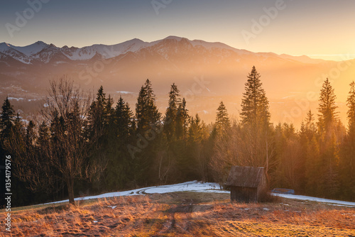 Obraz na płótnie Views from Podhale towards the Tatra Mountains. This winter, there was less snow than usual, revealing more of the rugged landscape. A mix of winter and autumn colors creates a unique seasonal contras w salonie