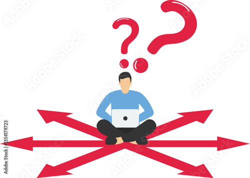 Businesswoman with laptop trying to find the right solution. Sitting on questionmark and have paths with arrows arround her. Uncertainity, searching and solving problem.

