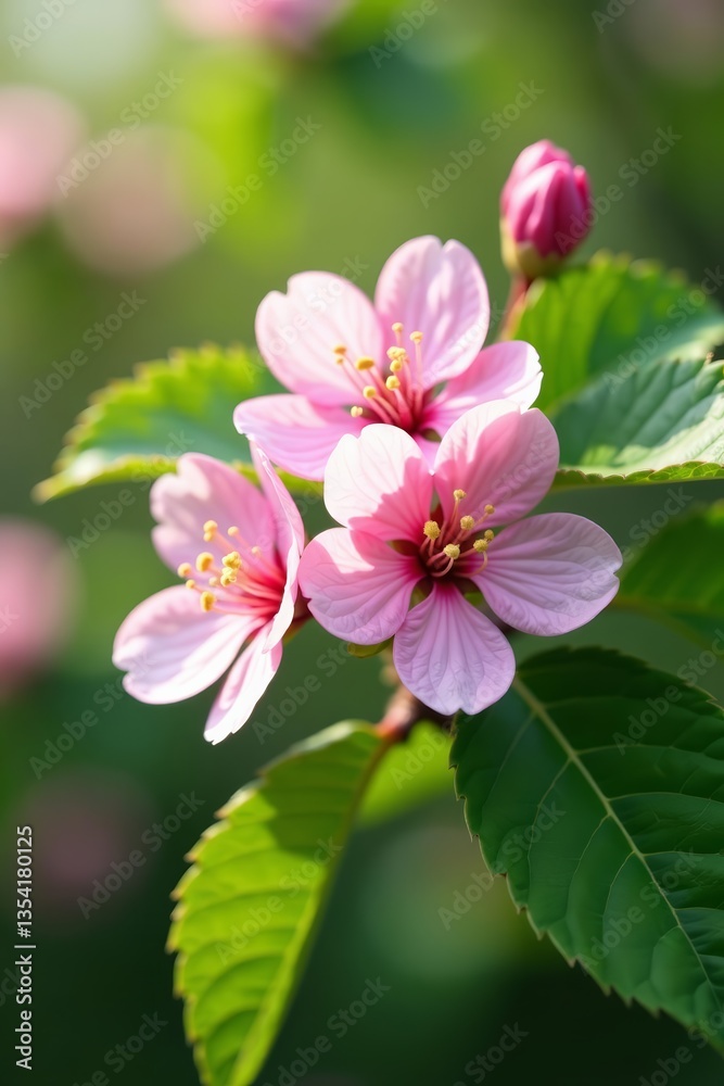 Fototapeta premium Close-up of cherry blossoms against a backdrop of green leaves, flora, tree, vibrant