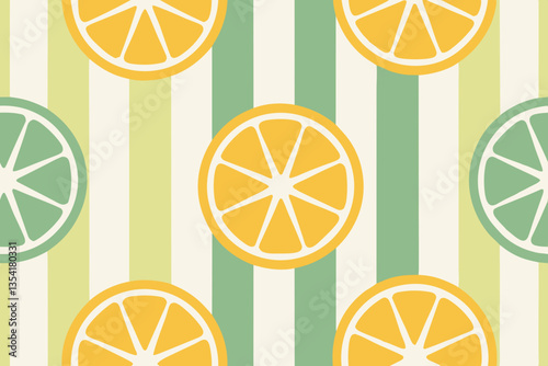 Colorful lemon and lime pattern with striped background  