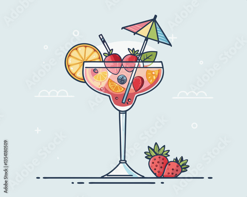 Refreshing cocktail with fruits and umbrella on a light background  