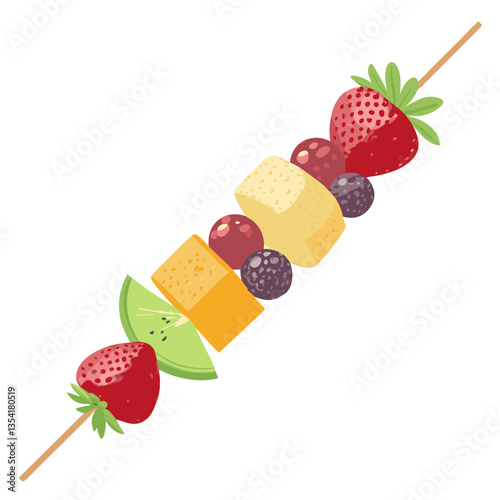 Colorful fruit kebab with strawberries, melons, and grapes  