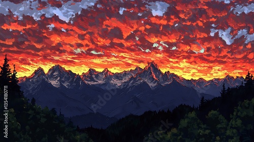 Fiery Sunset Mountain Range.