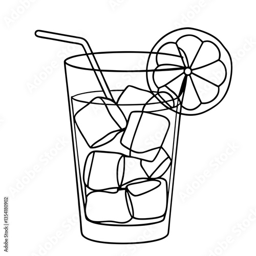 Outline of a refreshing drink with ice and lemon slice  