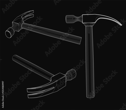 Three hammers are shown in a black and white photo. The hammers are all different sizes and shapes, but they all have the same basic design. The photo gives the impression of a collection of hammers